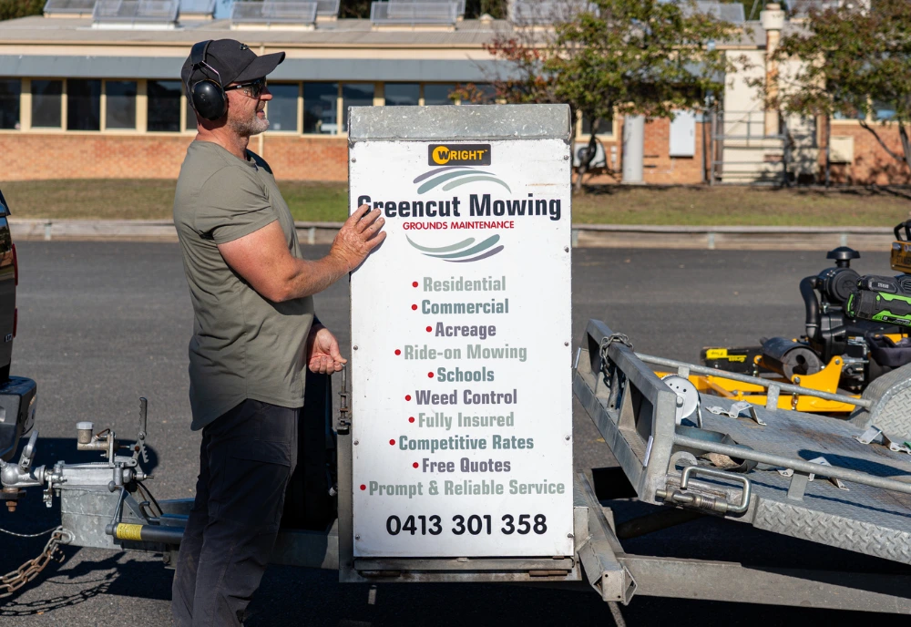 Grounds maintenance services ad featuring reliable, affordable lawn mowing options for all property types
